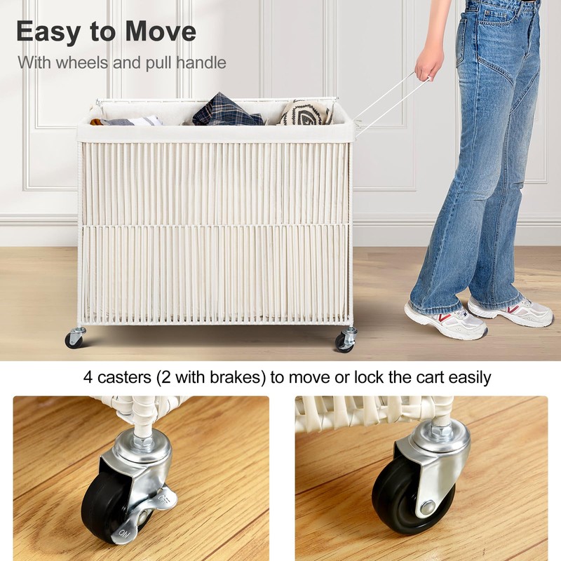 WOWLIVE Laundry Hamper with Wheels, 160L Handwoven Rolling Laundry Basket