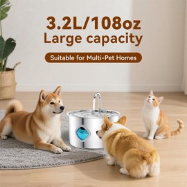 Dog Water Fountain, 3.2l/108oz Super Quiet Self Cleaning Pet Water Dispenser, Dog Fountain Water Bowl with Visual Water Level, 4-Stage Filtration, Auto Led Alert (Silver, Fountain)