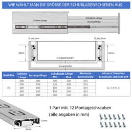 Drawer Runners 350 mm, 1 Pair (2 Pieces) Ball Extension, 45 mm Groove Drawer Runner, Full Extension Drawer Guides with Mounting Screws, Drawer Rail System, Drawer Guide Maximum Load 45 kg