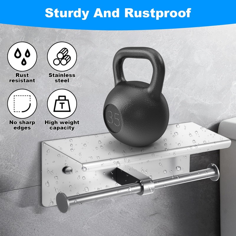 Double Toilet Paper Holder with Shelf, Wall Mount Tissue Roll
