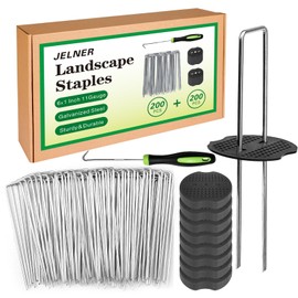 JELNER Landscape Staples Set,6 Inch 11 Gauge 200pcs Galvanized Garden Staples and 200pcs Gaskets +1Pick Hook,U-Shaped Tent Stakes Landscaping Fabric SOD Pins for Weed Fabric Barrier,Groud Cover,Fence