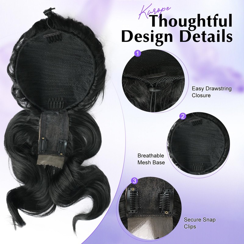 Kurope Black Wig 2-in-1 Messy Bun Hairpieces Ponytail with Bangs