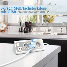 KS Mehrfachsteckdose,3-Fach Steckdosenleiste mit USB Und LED-Nachtlicht Tischsteckdose Edelstahlfrontplat Ecksteckdose, überspannungsschutz Steckerleiste für Küche (1,4m)