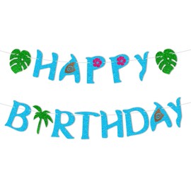 JNXCYQ Happy Birthday Banner-Glitter Moana Birthday Decorations,Moana Party Decor for Moana Theme Decorations,Hawaiian Party Decorations Baby Shower Decor Tropical Summer Party Supplies