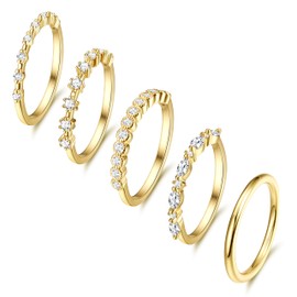 Dochais Pack of 5 Women's Gold Ring, Stackable Rings, Waterproof, 14K Golden Gold-Plated Cubic Zirconia Diamond Ring, Women, Knuckle Rings, Thumb Ring, Finger Ring, Statement Ring Set, Jewellery