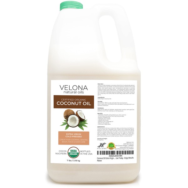 Velona USDA Certified Organic Coconut Oil Extra Virgin - 7 lb | Food and Cosmetic Grade | in jar | Extra Virgin, Cold-Pressed