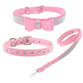 Newtensina 3 Piece Stylish Dog Collar and Lead Set Cute Soft Suede Bling Dog Collar with Bow Tie Puppy Collar and Lead for Small Dogs Cats - Pink - S