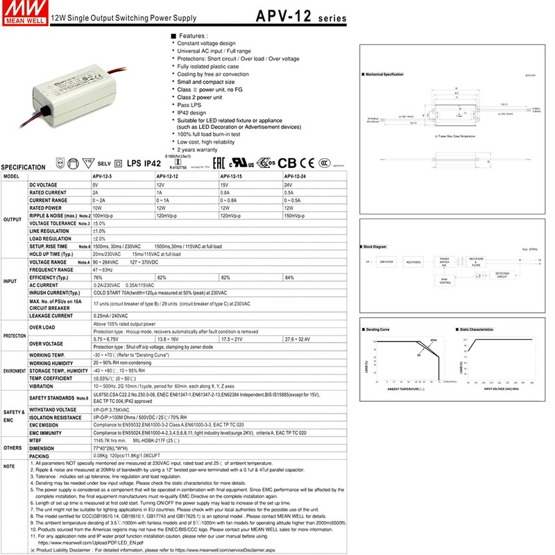 DynMach APV-12-12 12W 12V 1A High Efficiency LED Power Supply
