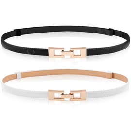 EIOKBECY 2 Pack Women's Skinny Leather Belt, Ladies Adjustable Thin Waist Belts with Gold Buckle Waistband Decorative Belt for Dress Pants Jeans