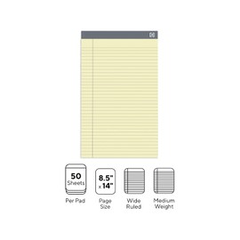TRU RED Notepads, 8.5-inch x 14-inch, Wide Ruled, Canary, 50 Sheets/Pad, 24/Carton (TR59915/TR573VS)