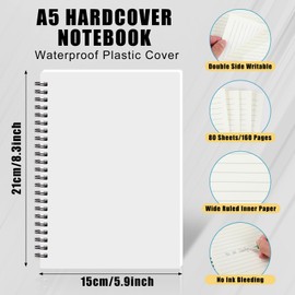 Dunzoom 12 Pack Lined Paper Spiral Notebook 5.9 x 8.3 Inches Journal White Notebook A5 160 Pages 80 Gsm Thick Plastic Cover Hardcover Notepad Waterproof Cover for Home Office Business