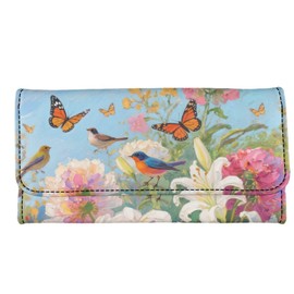 Jolamirel Spring Birds Flowers Long Wallet for Women, Butterfly Floral Painting Slim Billfold Wallet, PU Vegan Leather Trifold Multi Card Slots Clutch Handbag