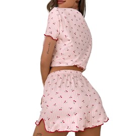 Remidoo Womens Cute Cherry Pajamas Lettuce Trim Split Short Pajama Set Loungewear Cherries Pink X-Large