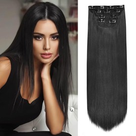 QUEENTAS Black Clip in Hair Extension 4Pcs Set Synthetic Fiber Hair Piece Long Straight Full Head for Daily Use (22 Inches Natural Black)