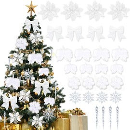 Abitoncc 32 PCS White Christmas Tree Decorations White Feather Christmas Decorations Flowers Christmas Decorations Christmas Bows for Trees Crystal Christmas Tree Decorations White Xmas Decorations