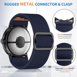 AMANECER Stretchy Nylon Band Compatible with Pixel Watch 3 45MM, Upgraded Metal Connector & Clasp Adjustable Elastic Sport Soft Braided Loop Breathable Strap for Google Smartwatch (Navy Blue)