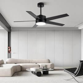 LOFIKEDI 52 Inch Modern Ceiling Fan with Light, 5 Blades, Remote Control, Reversible DC Motor, Stepless Dimmable, Noiseless for Indoor and Outdoor Use, Black