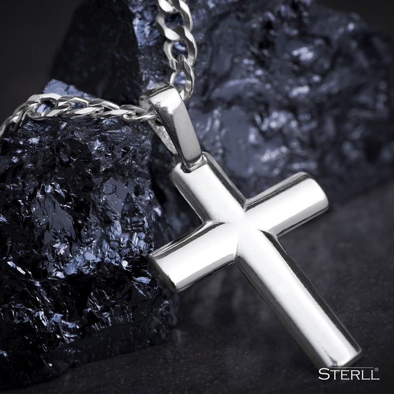 Sterll Men's Solid 925 Silver Necklace with Silver Cross Pendant,
