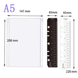 LOORIPRO A5 Clear Pocket Set of 8 Notebook Refills, Zipper Pockets, Includes 2 Bookmark Rulers, 6 Holes