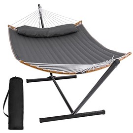 SUNCREAT Portable Hammock with Stand Included, Double Hammock with Curved Spreader Bar, Dark Gray