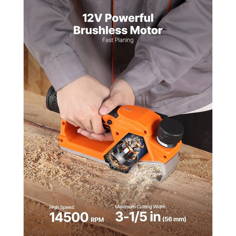Cordless Handheld Wood Planer 2-1/5 Inch 12V Lithium Battery Adjustable