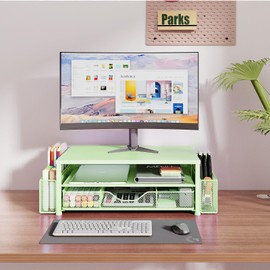 OPNICE Desk Organizers and Accessories, 2-Tier Computer Monitor Stand for Desk Organizer with Drawer and 2 Pen Holders, Office Desk Accessories Workspace Desktop Organizers for Office Supplies, Green