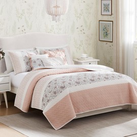 Madison Park 100% Cotton Quilt Set Floral Print, Double Sided Stitching, All Season, Lightweight Coverlet Shabby Chic Bedding Layer, Matching Shams, Full/Queen, Blush 6 Piece