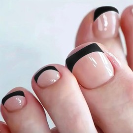 Black French Tip Press on Toenails Short Square Fake Toe Nail with Design Nude Pink Full Cover Glossy Press on Toe Nail Summer Artificial Stick on Toenails for Women 24Pcs