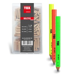 TOX Boltfix Wood Mini Set (190 Pieces) + Neo Carpenter's Pencils, Wooden Dowels in 3 Standard Sizes 6/30, 8/40 and 10/40, Neon Pencils Green, Yellow, Orange (Pack of 4), 094909137