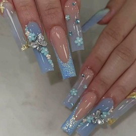 Long Press on Nails Long Square Fake Nails with 3D Blue Butterfly Flower and Rhinestone Designs False Nail Tips Artificial Nails Finger Manicure for Women and Girls 24 pcs (Blue-20, style-20)