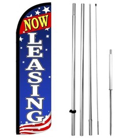 Now Leasing Windless Feather Swooper Flag 15 ft Tall Large Pole Spike Kit Banner Sign - Patriotic bz-h L
