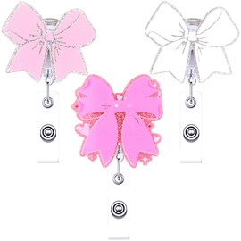 Geyoga 3 Pack Pink Bow Badge Reel Coquette ID Retractable Badge Holder Pink White Bow Cute ID Card Stethoscope Alligator Clip Accessories for Nurse Medical Worker Rn LPN CNA Office Doctor Teacher