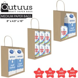 Qutuus Kraft Paper Bags with Handles Bulk 8x4.5x10 100 pcs Brown Paper Gift Bags Bulk Medium Size Kraft Bags, Brown Paper Bags for Shopping, Retail, Party Favor, Small Business