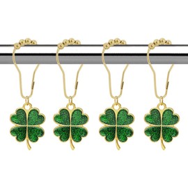 Four Leaf Clover Shower Curtain Hooks Rings, 12 Pcs Rust Proof Metal Gold Shower Hook Hanger with Lucky Green Leaf Pendant for Bathroom Decor, Room St Patrick's Day Decorative Accessories (Gold)