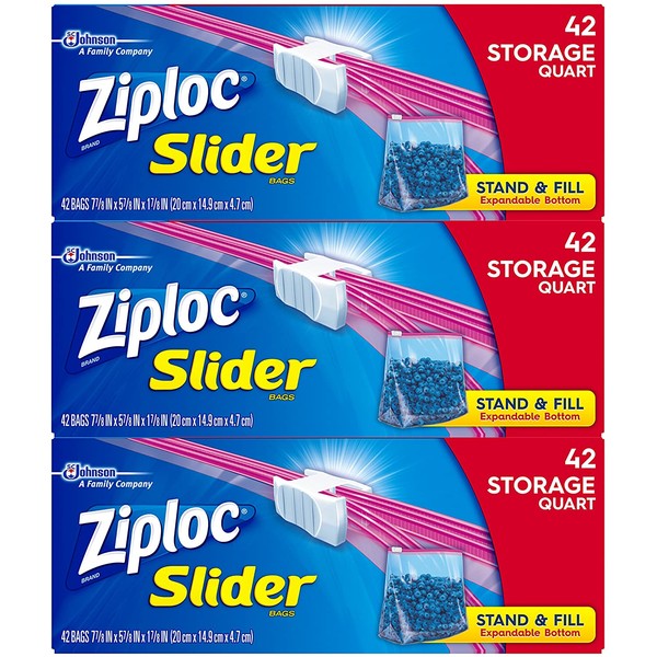 Ziploc Slider Storage Bags with New Power Shield Technology, For Food, Sandwich, Organization and More, Quart, (42 Count (Pack of 3), 126 Total Bags)