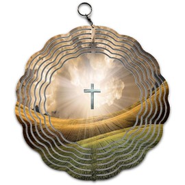 Christian Cross Light in Sky Design Wind Spinner Art 10 inch for Garden Decor with Swivel Hook, Double Sided Circle Hanging Wind Spinner Religious Tree Design Hanger for Yard Porch Front Door