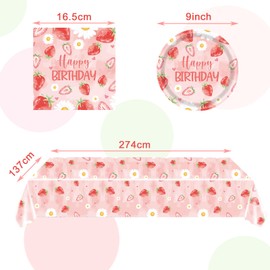POPOYU 37 Piece Strawberry Party Tableware Set, Birthday Decoration with Plates, Napkins, Tablecloths, Decoration Tableware, Party Accessories for Boys, Girls, Children's Birthday Parties (16 Guests)