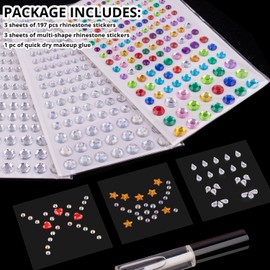 6 Sheets Face Gem Stickers Set 2, Rainbow Mixed shape Crystal Self Adhesive Rhinestones Face Jewels Stick on, with Makeup Glue for Makeup Eyes Face Hair Nails Body, Crafts and Decorations