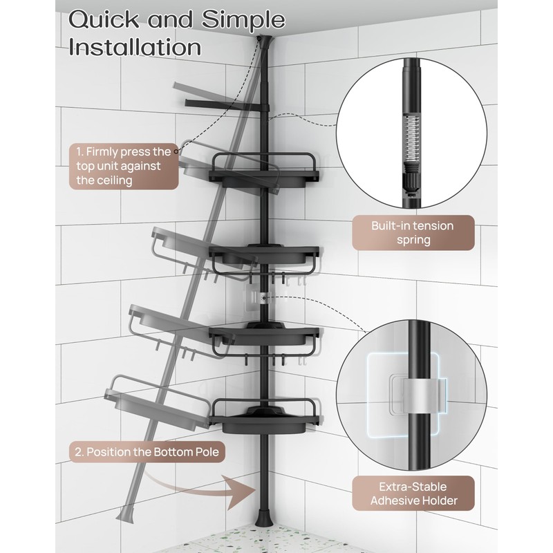ALLZONE Corner Shower Caddy Tension Pole, Extendable Rustproof Stainless Steel