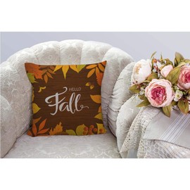 HGOD DESIGNS Hello Fall Throw Pillow Cover,Nature Seasonal Autumn Leaves Birch Bouquet Branch Foliage Leaf Brown Decorative Pillow Cases Cotton Linen Cushion Covers for Home Sofa Couch 18x18 inch