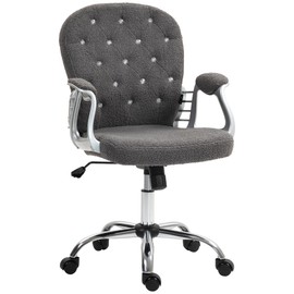Vinsetto Teddy Fleece Home Office Chair, Button Tufted Desk Chair with Padded Armrests, Adjustable Height and Swivel Wheels, Dark Gray