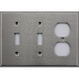 Brushed Satin Stainless Steel 3 Gang Wall Plate - 2 Toggle Switches 1 Duplex Outlet