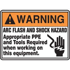 Accuform MELC361VP Plastic Safety Sign,"Warning ARC Flash and Shock Hazard Appropriate PPE and Tools Required When Working ON This Equipment" with Graphic, 10" x 14" x 0.055 ", Orange/Black on White