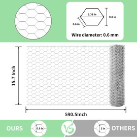 Chicken Wire 15.7 in x 590.5 in Poultry Wire Netting Hexagonal Galvanized Mesh Garden Fence Barrier for Pet Rabbit Chicken Fencing with 100 Pcs Cable Zip Ties
