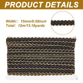 DELORIGIN 13 Yards Black Braid Trim, 15mm/0.6" Decorative Gimp Ribbon, Polyester Woven Lace, S-Shaped Gold Wire Edge Lace for Costume DIY Crafts Sewing Upholstery Curtain Slipcover