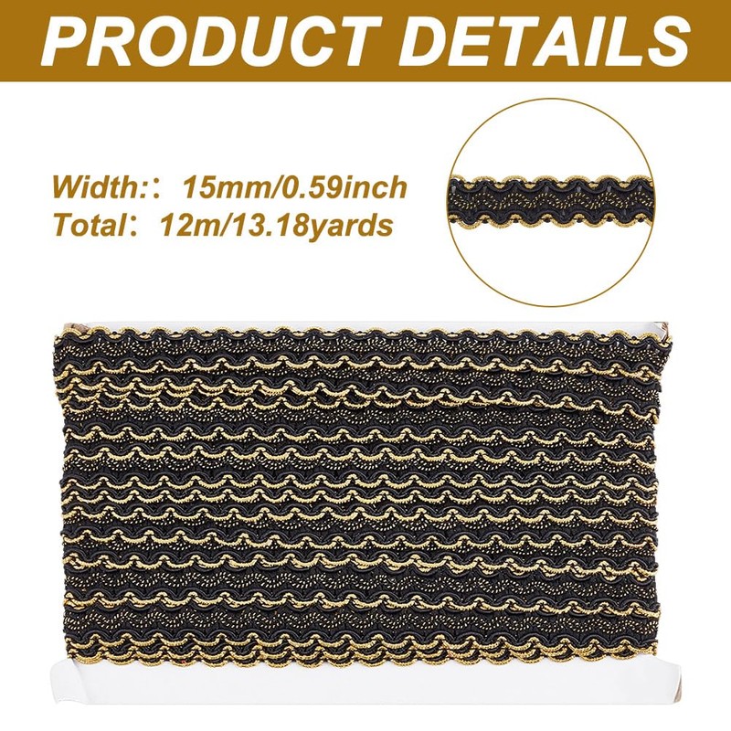 DELORIGIN 13 Yards Black Braid Trim, 15mm/0.6" Decorative Gimp Ribbon,
