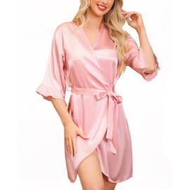 Wikoan Women's Satin Robe Summer Silk Dressing Gowns Soft Wedding Party Bathrobe 3/4 Sleeve Sleepwear with V-Neck,M，Dark Champagne,Flesh Pink,M