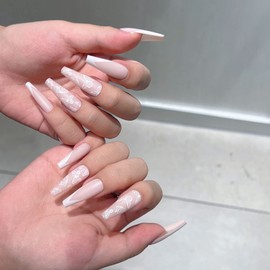 Long Coffin Press on Nails with Butterfly Designs, 30 PCS French Matte Nude Pink Fashion Ballerina Fake Nails White False Nails Tips Full Cover Stick on Nails for Women Girls