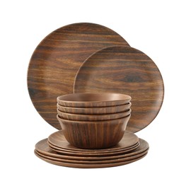 TP 12-Piece Dinnerware Set, Melamine Dishes Set with Bowls and Plates, Non-breakable and Lightweight Dinner Service for 4, Wood Grain