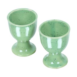 WHOLELIFEOBJECTS Soft Boiled Egg Holder | Ceramic Egg Cup Set | Ceramic Egg Holder Pottery Housewarming Gift Set of 2 (Green Mat)